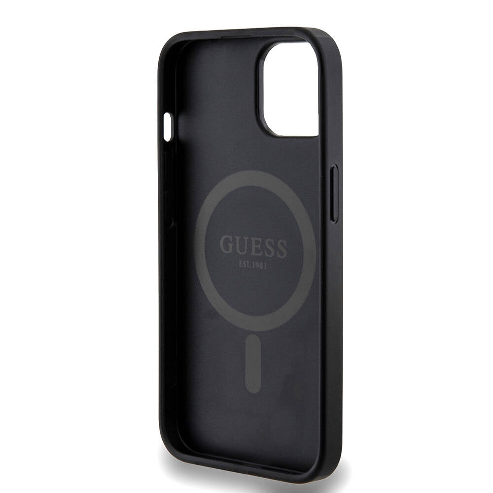 Apple iPhone 14 Kılıf Guess Orjinal Lisanslı M-safe Şarj Özellikli PU Halkalı 4G Desenli Yazı Logolu Kapak Siyah