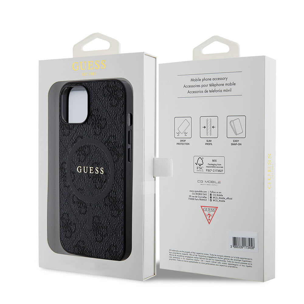 Apple iPhone 14 Kılıf Guess Orjinal Lisanslı M-safe Şarj Özellikli PU Halkalı 4G Desenli Yazı Logolu Kapak Siyah