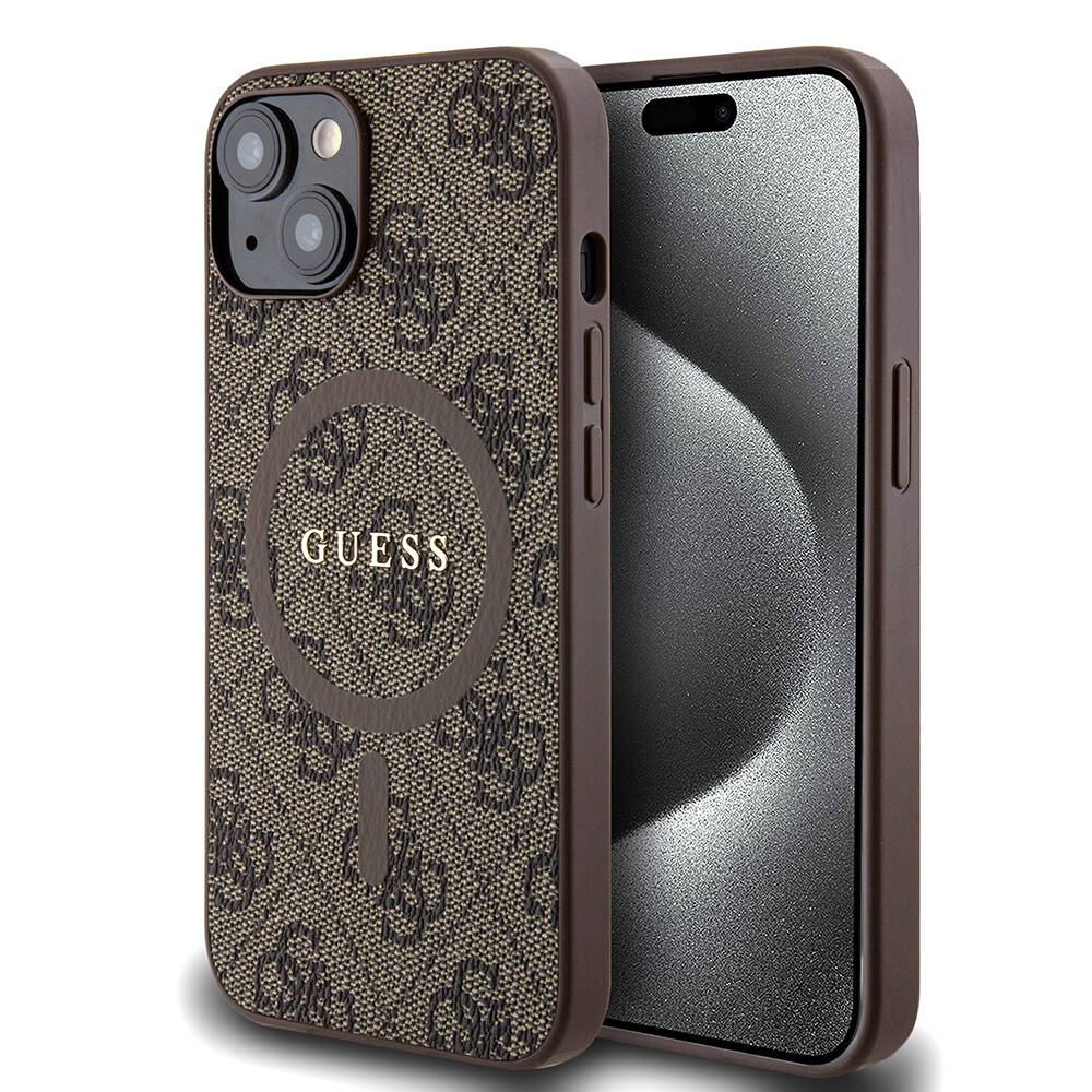 Apple iPhone 14 Kılıf Guess Orjinal Lisanslı M-safe Şarj Özellikli PU Halkalı 4G Desenli Yazı Logolu Kapak Siyah