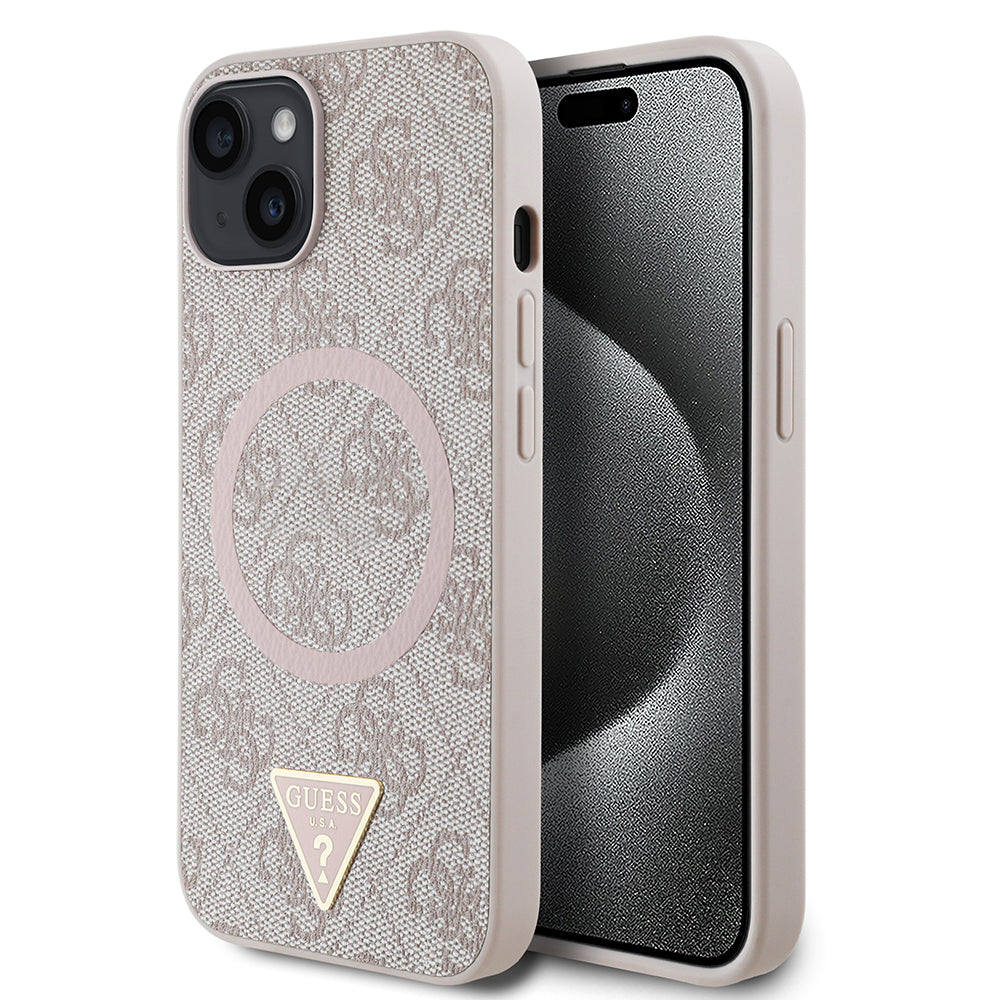 Apple iPhone 14 Kılıf Guess Orjinal Lisanslı M-safe Şarj Özellikli PU Üçgen Logo 4G Desenli Kapak Kahverengi
