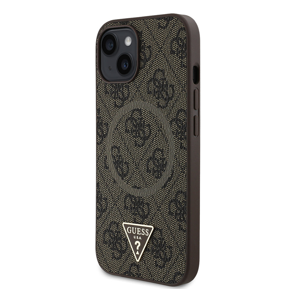 Apple iPhone 14 Kılıf Guess Orjinal Lisanslı M-safe Şarj Özellikli PU Üçgen Logo 4G Desenli Kapak Kahverengi