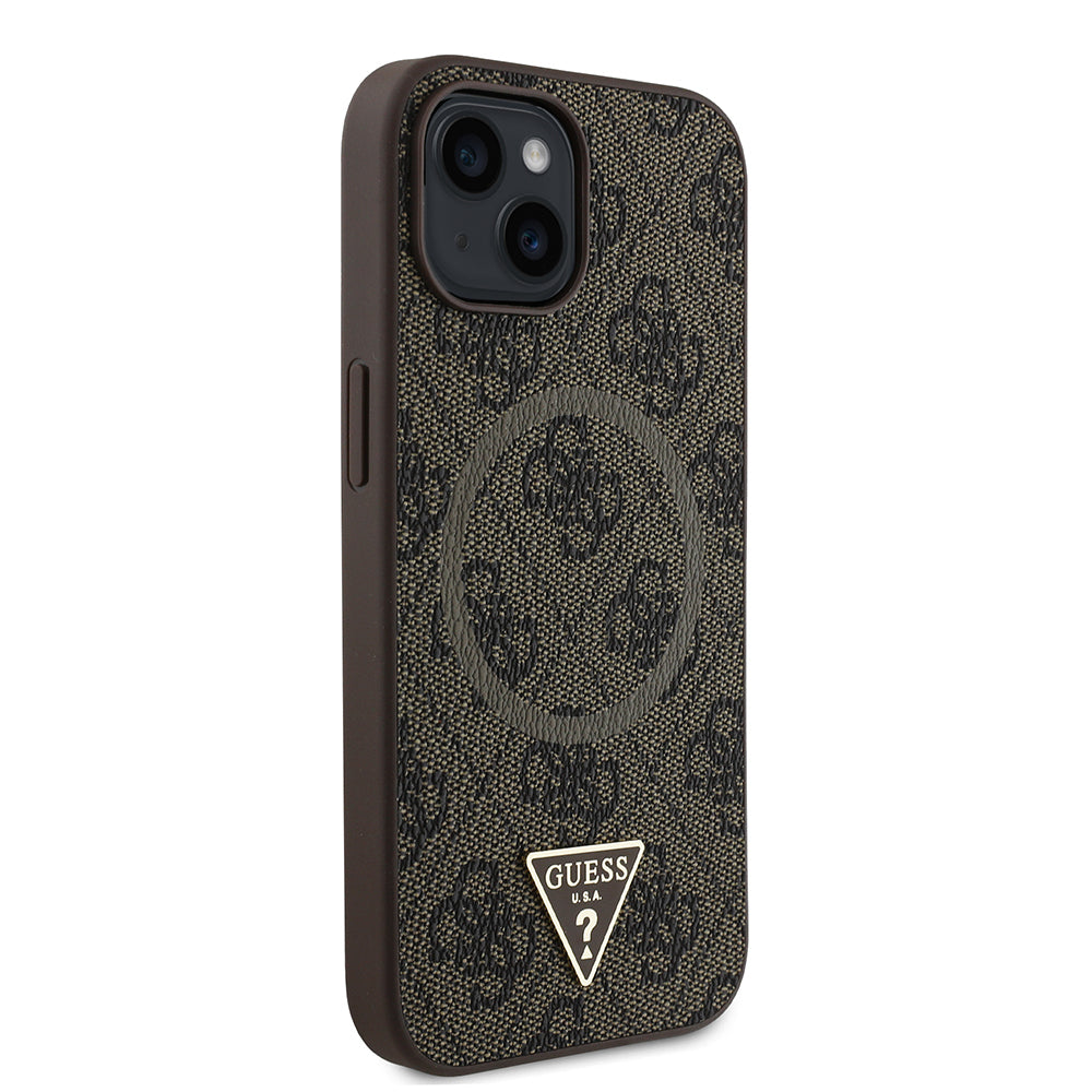 Apple iPhone 14 Kılıf Guess Orjinal Lisanslı M-safe Şarj Özellikli PU Üçgen Logo 4G Desenli Kapak Kahverengi