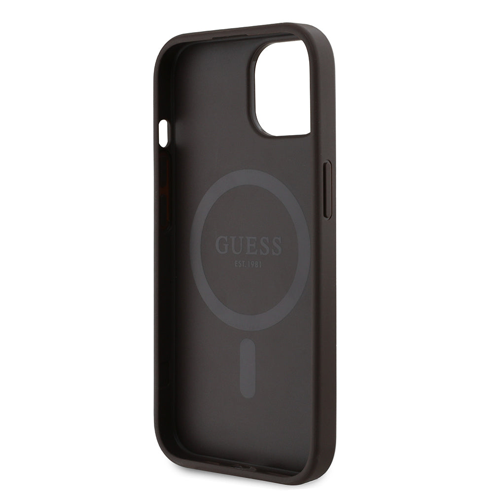 Apple iPhone 14 Kılıf Guess Orjinal Lisanslı M-safe Şarj Özellikli PU Üçgen Logo 4G Desenli Kapak Kahverengi