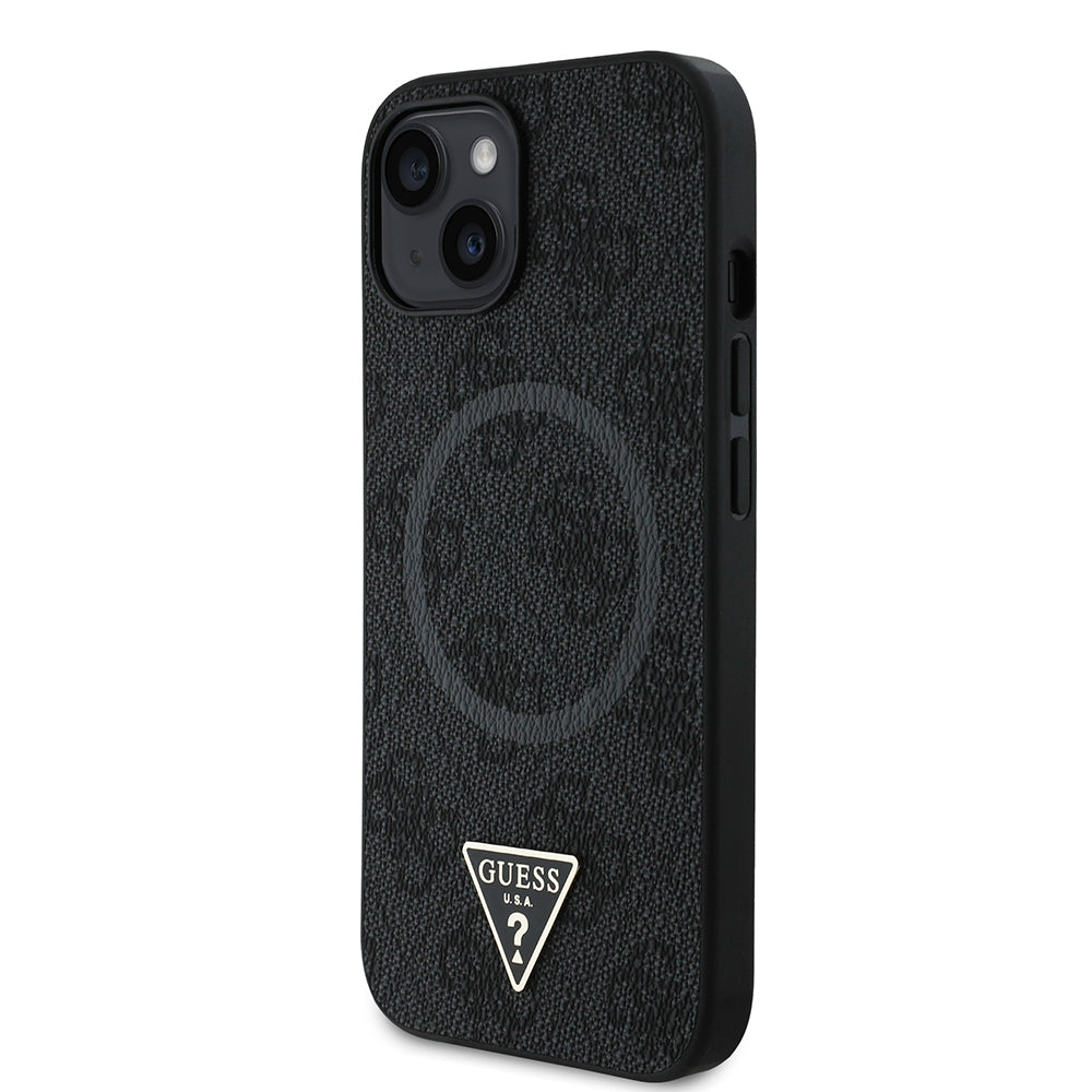 Apple iPhone 14 Kılıf Guess Orjinal Lisanslı M-safe Şarj Özellikli PU Üçgen Logo 4G Desenli Kapak Kahverengi