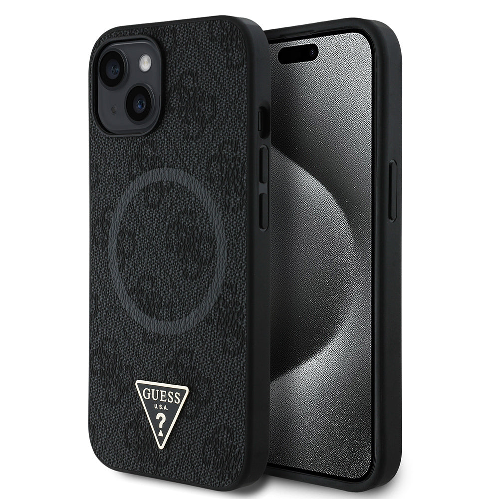 Apple iPhone 14 Kılıf Guess Orjinal Lisanslı M-safe Şarj Özellikli PU Üçgen Logo 4G Desenli Kapak Siyah