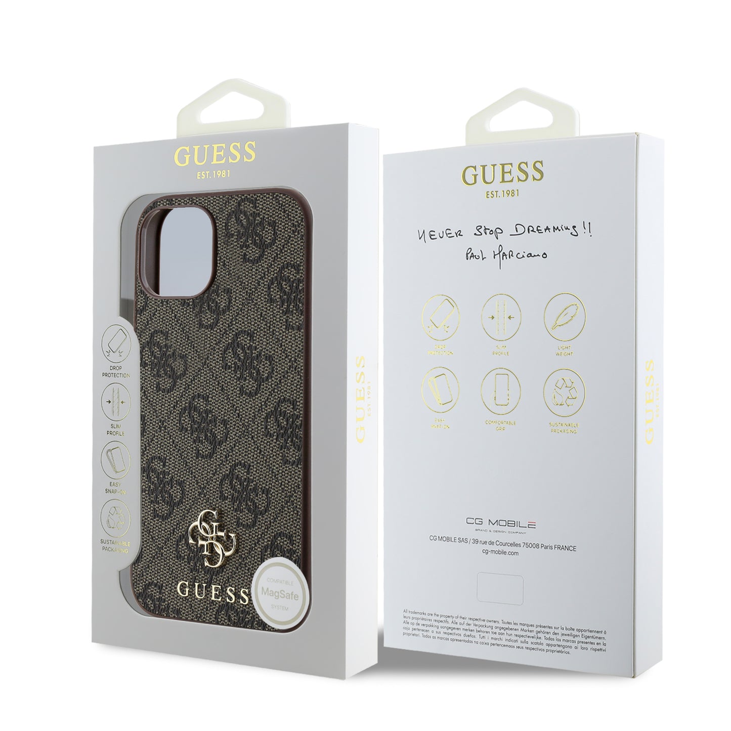 Apple iPhone 14 Kılıf Guess Orjinal Lisanslı M-safe Şarj Özellikli Small 4G Classic Kapak Kahverengi
