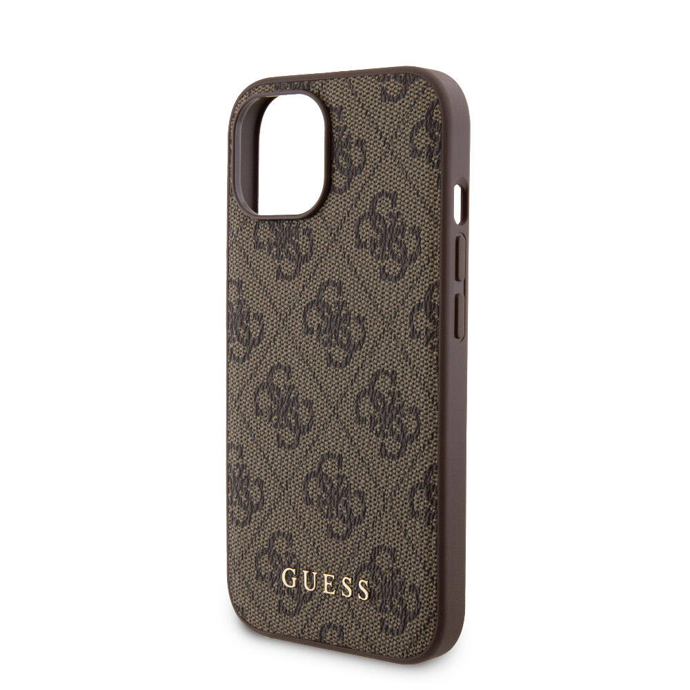 Apple iPhone 14 Kılıf Guess Orjinal Lisanslı M-safe Şarj Özellikli Yazı Logolu 4G Desenli Kapak + Powerbank 5000mAh 2in1 Set Kahverengi