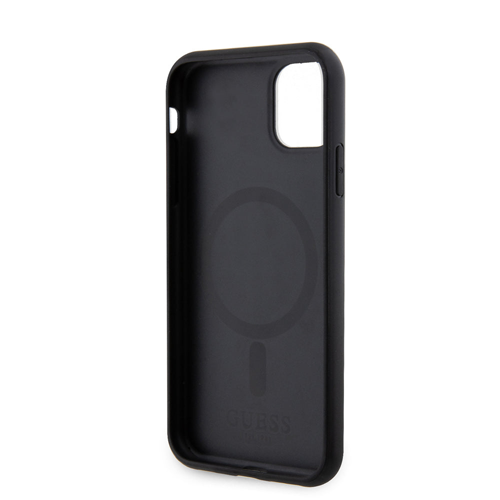 Apple iPhone 14 Kılıf Guess Orjinal Lisanslı M-safe Şarj Özellikli Yazı Logolu Saffiano Classic Kapak Siyah