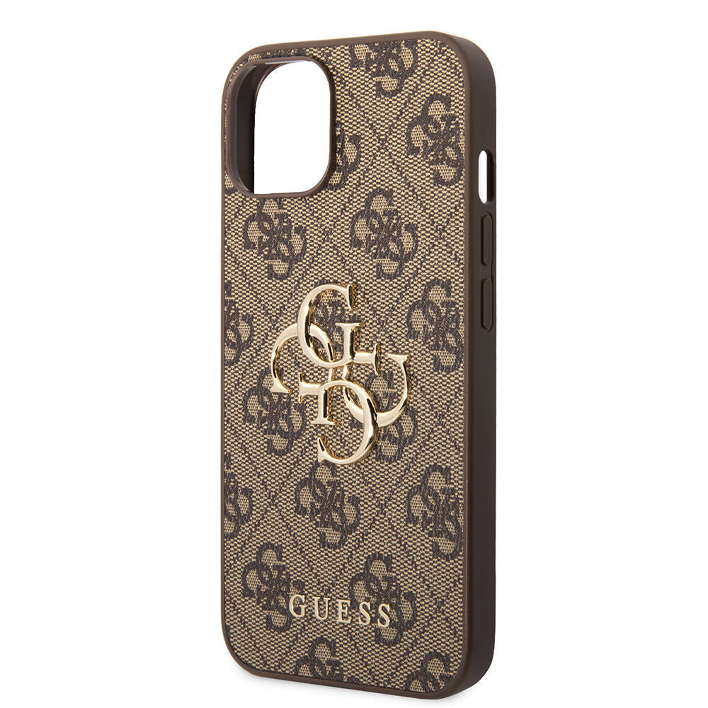 Apple iPhone 14 Kılıf Guess PU Deri Büyük Metal Logo Dizaynlı Kapak Kahverengi