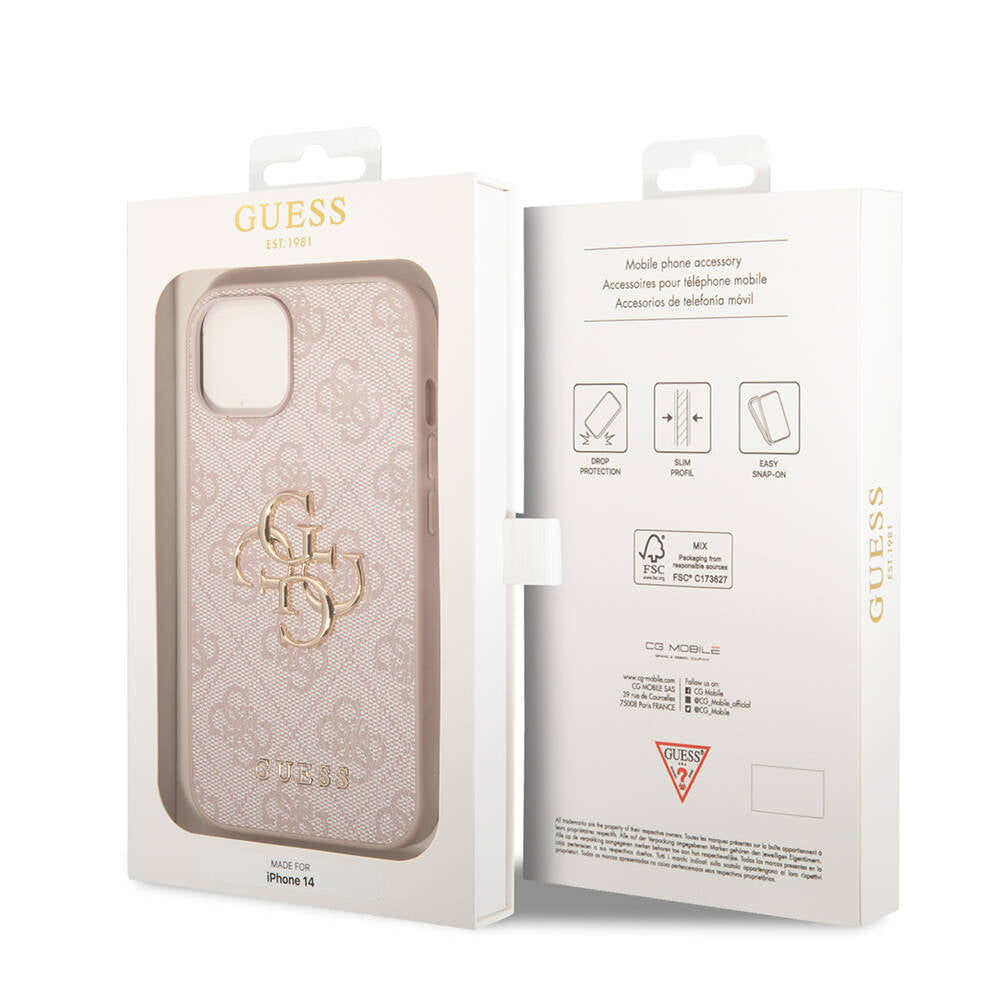 Apple iPhone 14 Kılıf Guess PU Deri Büyük Metal Logo Dizaynlı Kapak Pembe