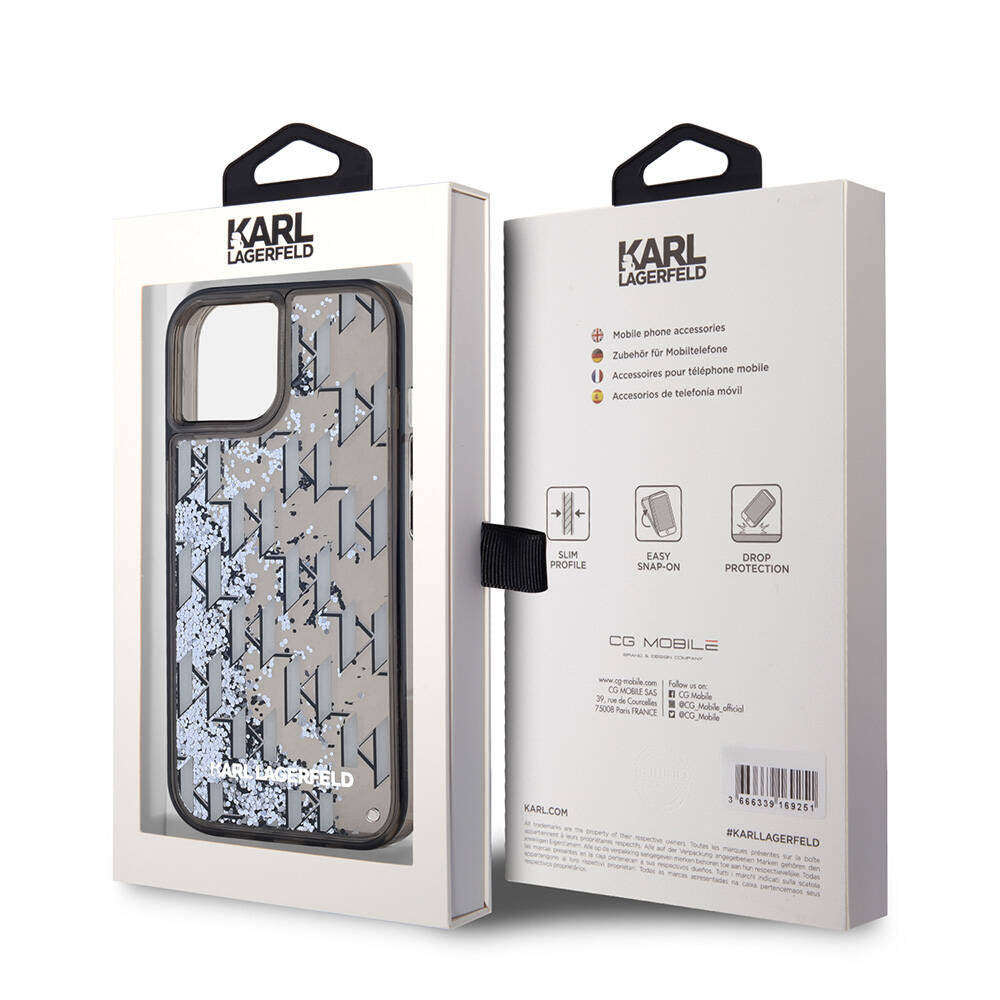 Apple iPhone 14 Kılıf Karl Lagerfeld Orjinal Lisanslı Simli KL Yazılı Monogram Gradıent Kapak Siyah