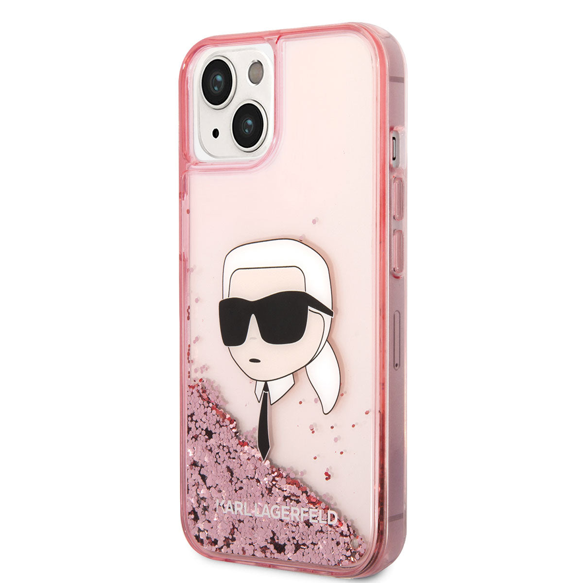 Apple iPhone 14 Kılıf Karl Lagerfeld Sıvılı Simli Karl Head Dizayn Kapak Pembe