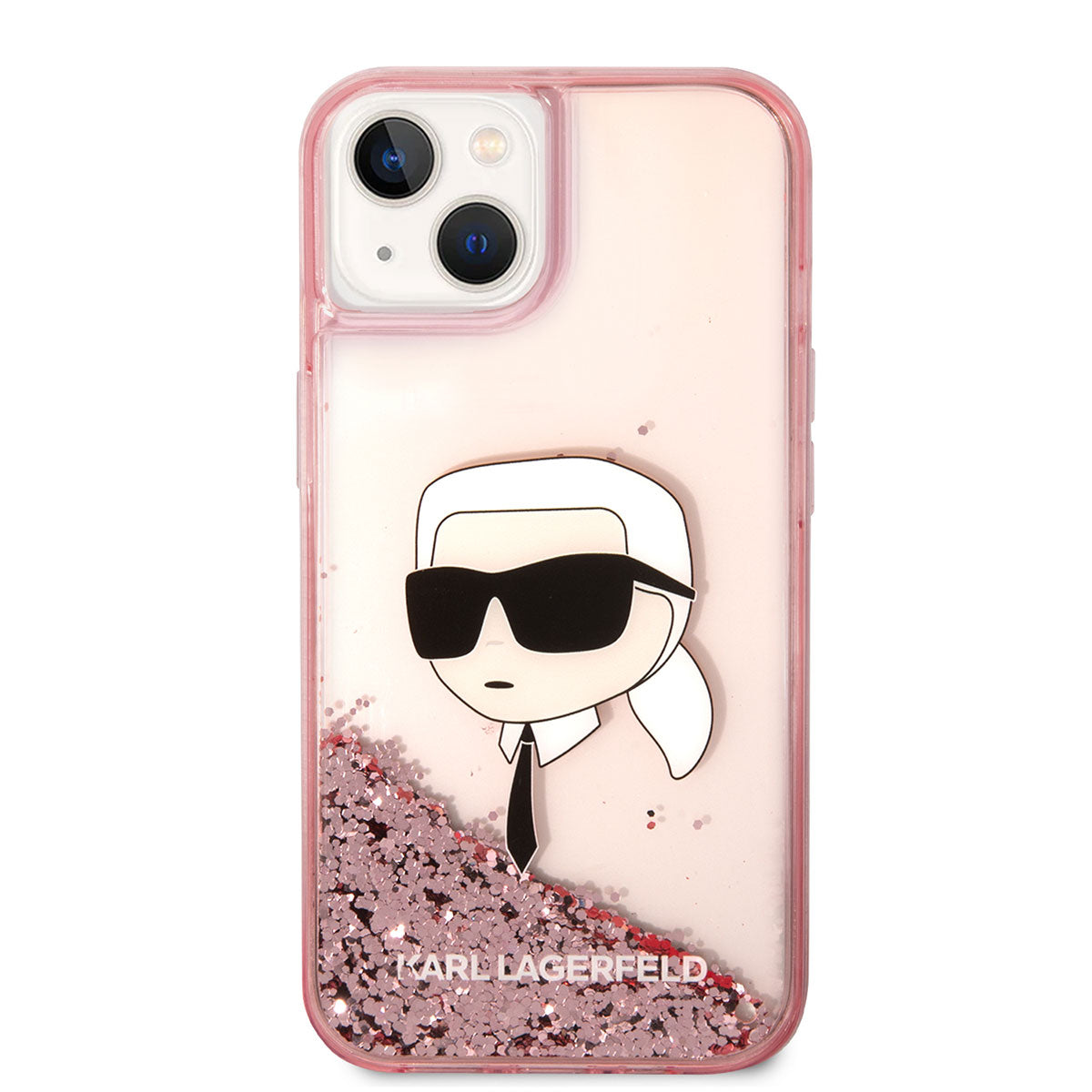Apple iPhone 14 Kılıf Karl Lagerfeld Sıvılı Simli Karl Head Dizayn Kapak Pembe