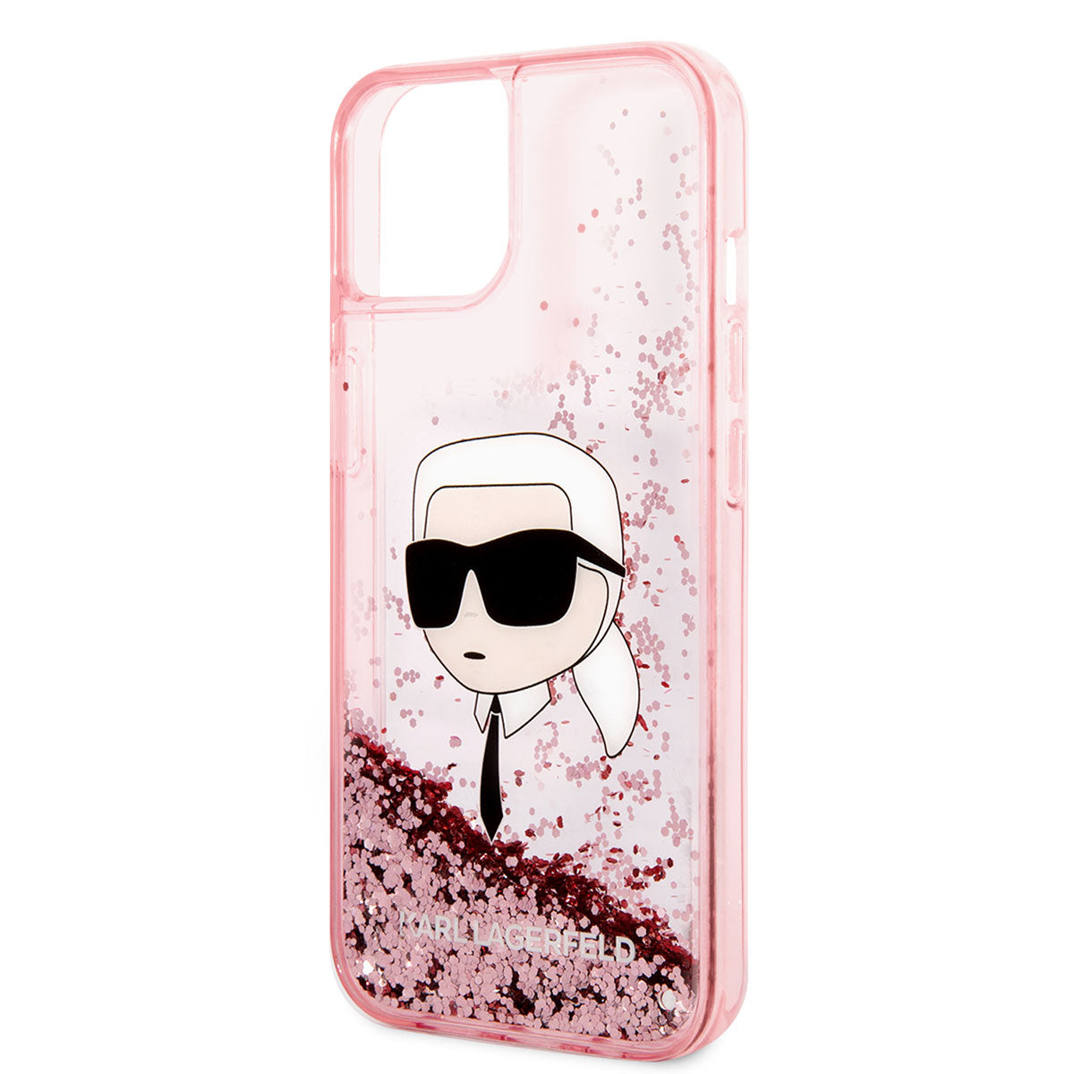 Apple iPhone 14 Kılıf Karl Lagerfeld Sıvılı Simli Karl Head Dizayn Kapak Pembe