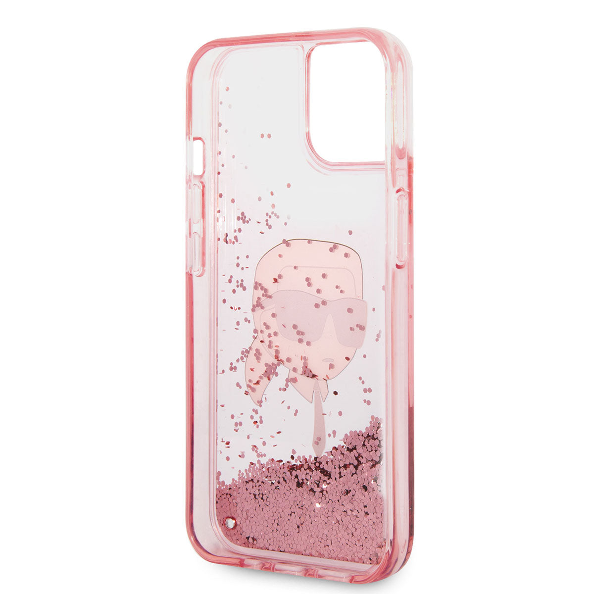 Apple iPhone 14 Kılıf Karl Lagerfeld Sıvılı Simli Karl Head Dizayn Kapak Pembe