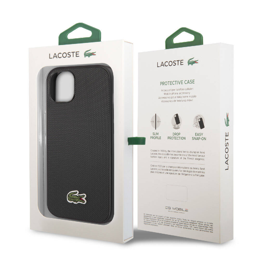 Apple iPhone 14 Kılıf Lacoste Orjinal Lisanslı PU Pike Desenli Arka Yüzey İkonik Timsah Dokuma Logolu Kapak Siyah