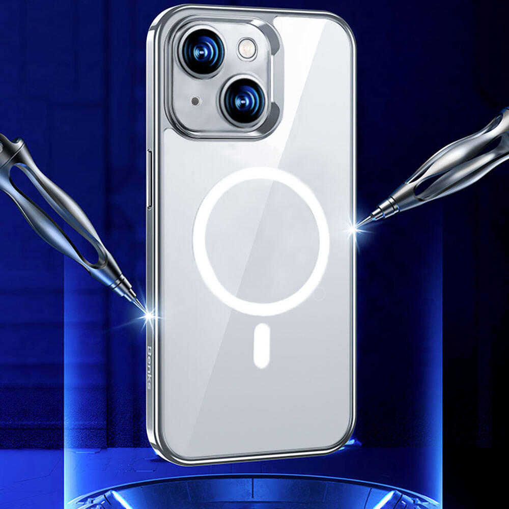 Apple iPhone 14 Kılıf M-safe Şarj Özellikli Cam Yüzey Benks Electroplated Kapak Siyah