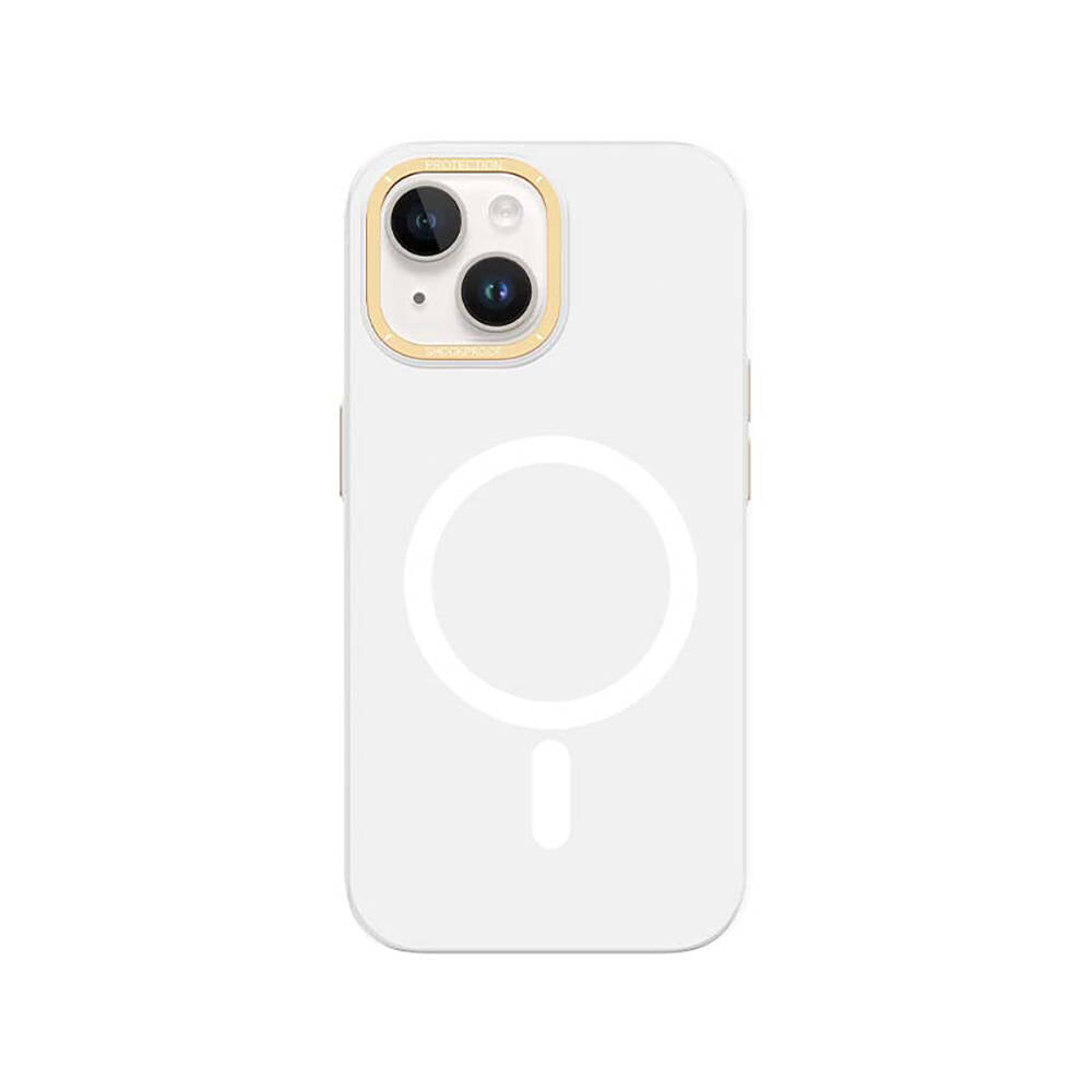 Apple iPhone 14 Plus Kılıf M-safe Şarj Özellikli Metal Kamera Çerçeveli Recci Glaze Serisi Kapak Beyaz
