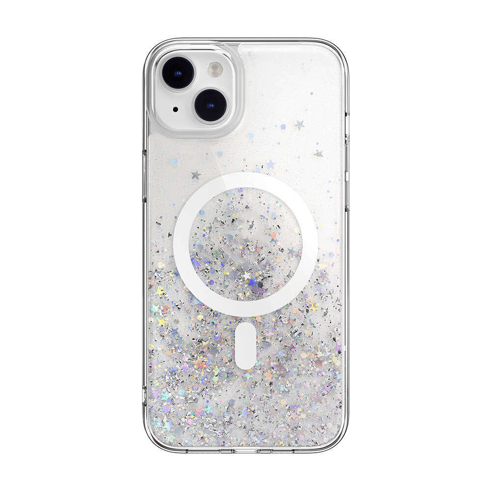Apple iPhone 14 Plus Kılıf M-safe Şarj Özellikli Parlayan Simli Şeffaf Lisanslı Switcheasy Starfield-M Kapak Renksiz