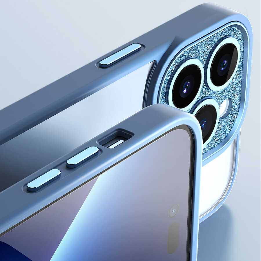 Apple iPhone 14 Plus Kılıf Wiwu GCC-105 Lens Korumalı Renkli Kenar Arkası Şeffaf Multicolor Kapak Mavi