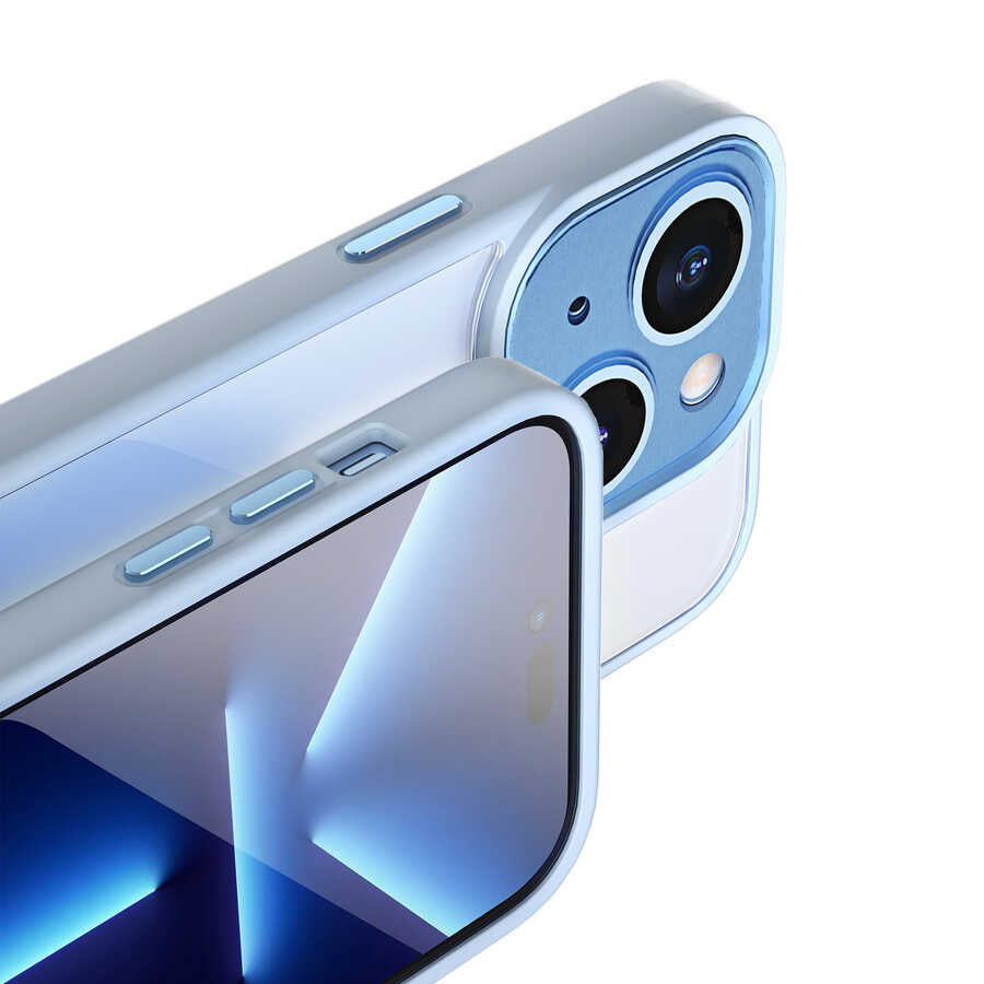 Apple iPhone 14 Plus Kılıf Wiwu VCC-104 Lens Korumalı Renkli Kenar Arkası Şeffaf Vivid Clear Kapak Mavi