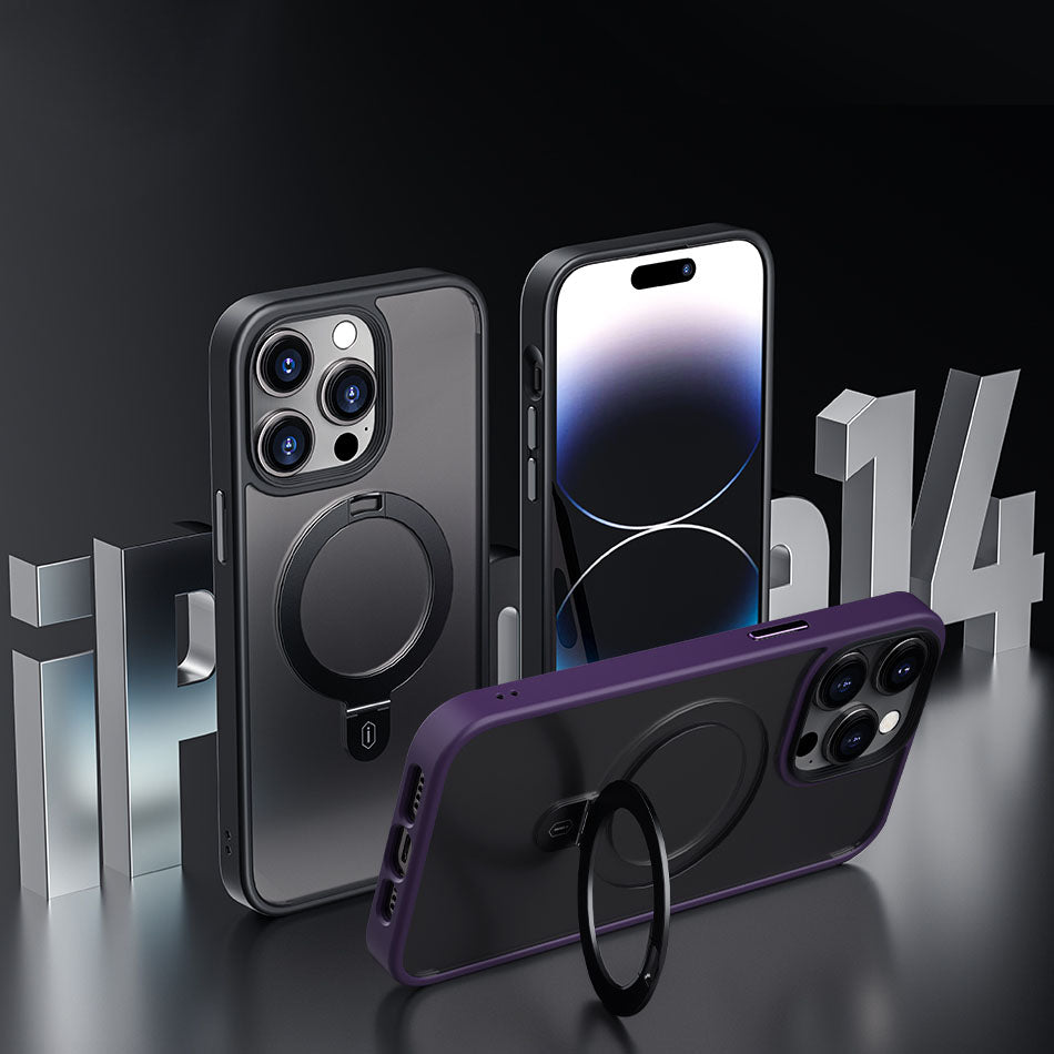 Apple iPhone 14 Plus Kılıf Wiwu ZMM-010 M-safe Şarj Özellikli Parmak İzi Bırakmayan Mat Transparan Standlı Kapak Derin Mor
