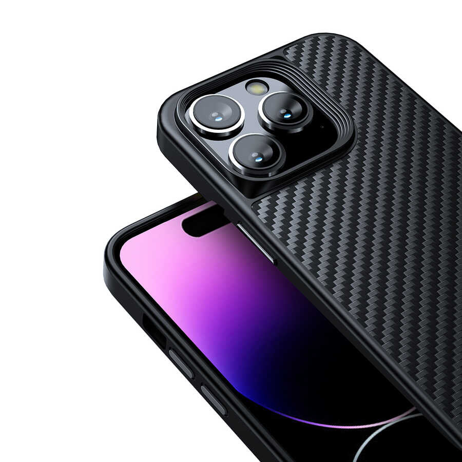 Apple iPhone 14 Pro Kılıf Aramid Karbon Fiber M-safe Özellikli Wlons Radison Kapak Siyah