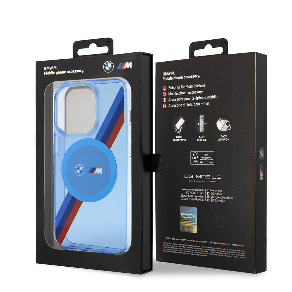 Apple iPhone 14 Pro Kılıf BMW M-safe Şarj Özellikli Transparan Tricolor Stripes Orjinal Lisanslı Kapak Mavi