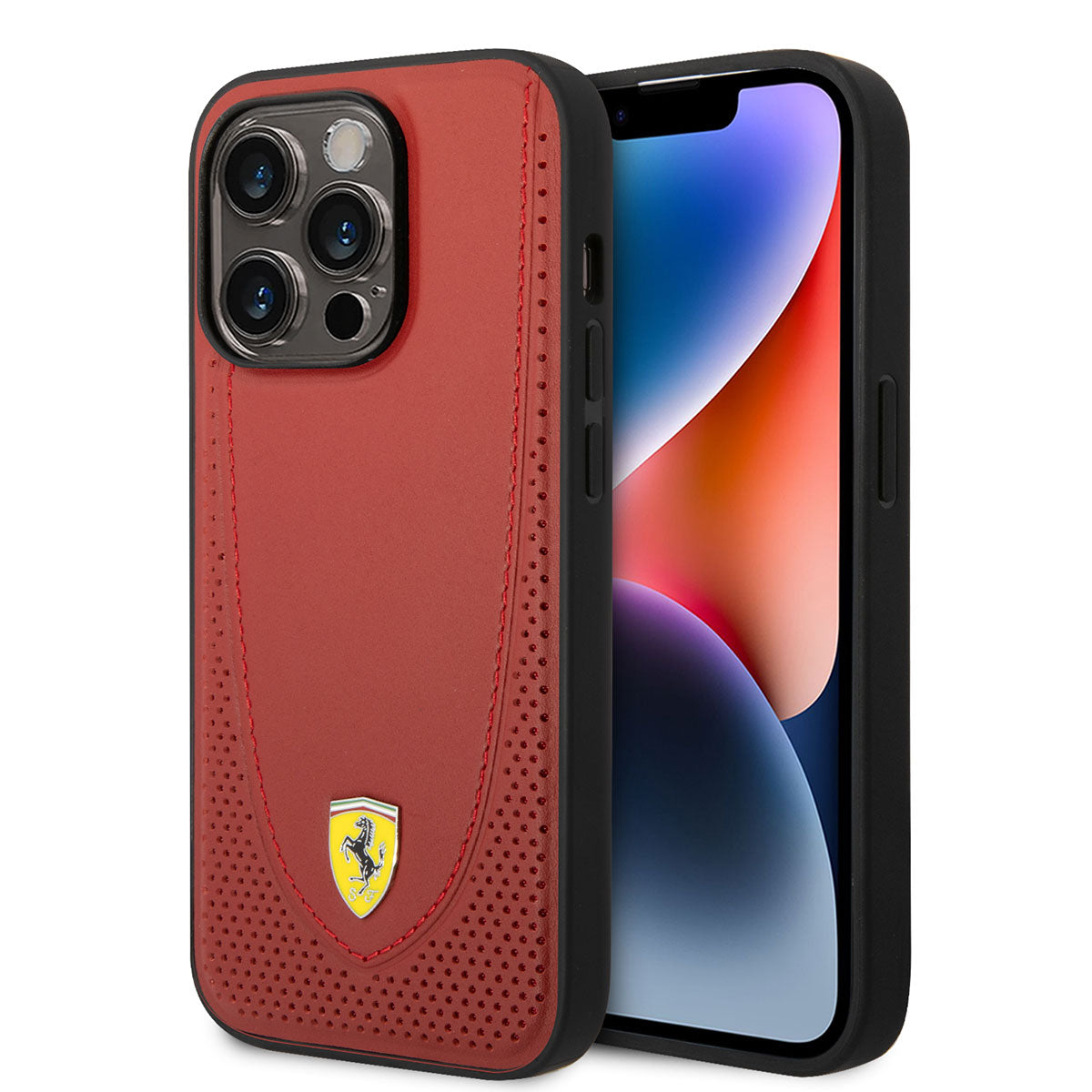 Apple iPhone 14 Pro Kılıf Ferrari M-safe Şarj Özellikli Deri Delikli Dikişli Dizayn Kapak Kırmızı