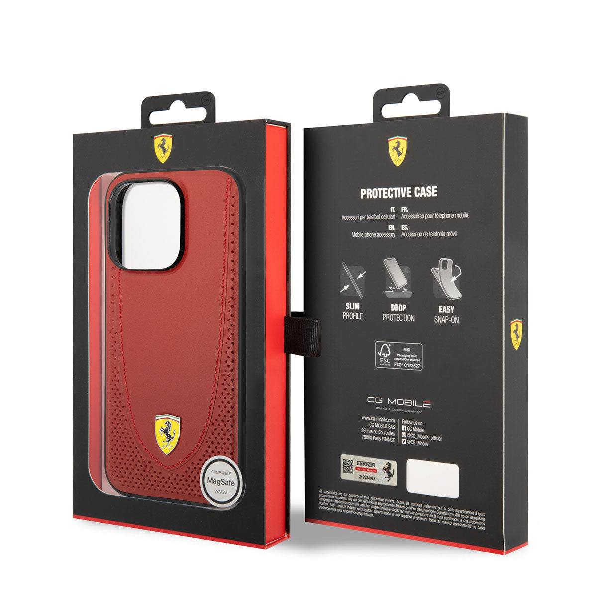 Apple iPhone 14 Pro Kılıf Ferrari M-safe Şarj Özellikli Deri Delikli Dikişli Dizayn Kapak Kırmızı