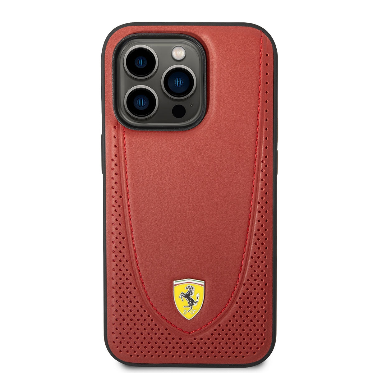Apple iPhone 14 Pro Kılıf Ferrari M-safe Şarj Özellikli Deri Delikli Dikişli Dizayn Kapak Kırmızı