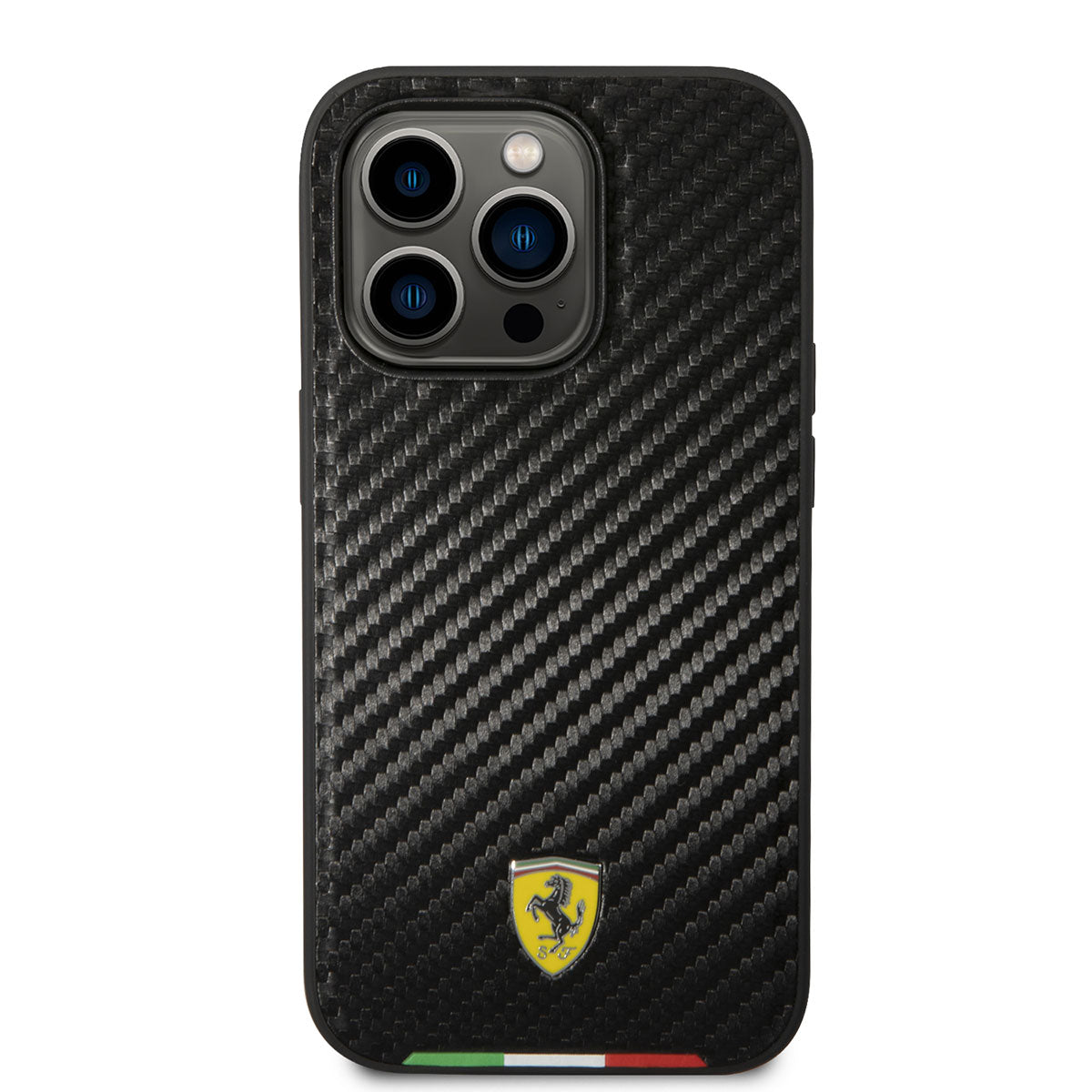 Apple iPhone 14 Pro Kılıf Ferrari M-safe Şarj Özellikli Karbon İtalyan Bayrak Dizayn Kapak Siyah