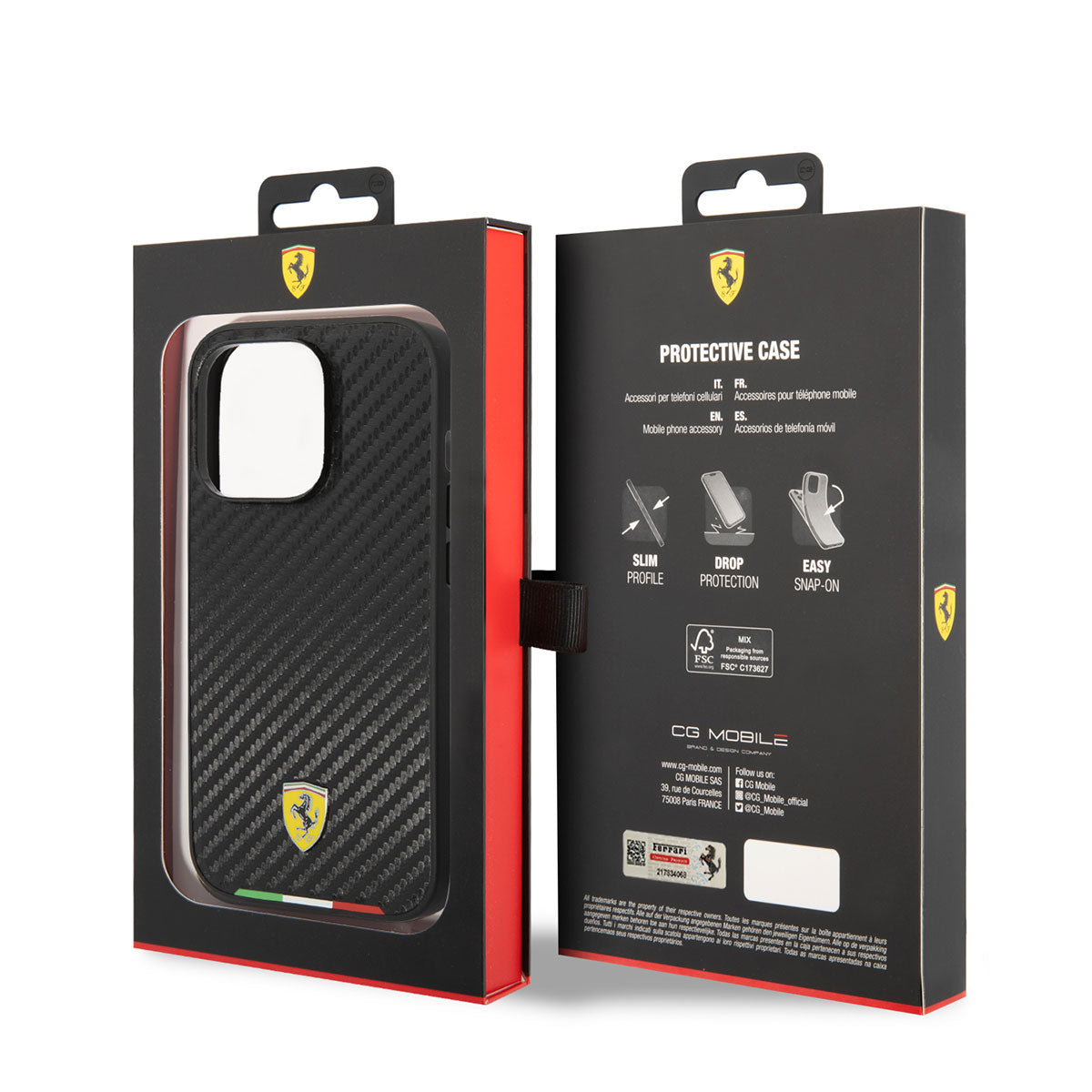 Apple iPhone 14 Pro Kılıf Ferrari M-safe Şarj Özellikli Karbon İtalyan Bayrak Dizayn Kapak Siyah