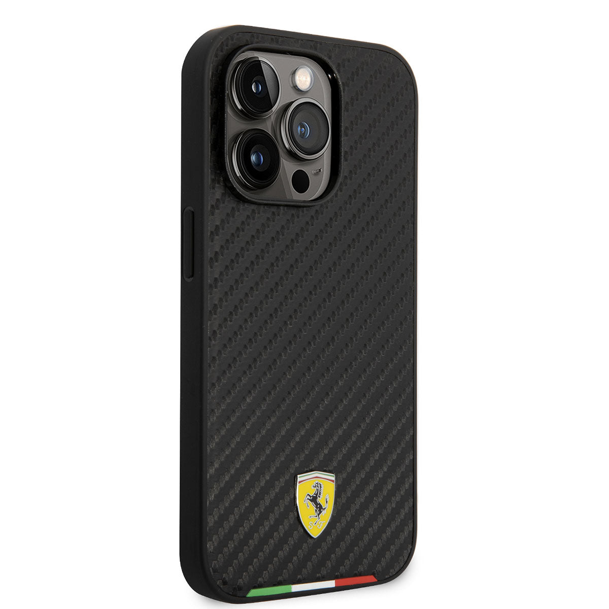 Apple iPhone 14 Pro Kılıf Ferrari M-safe Şarj Özellikli Karbon İtalyan Bayrak Dizayn Kapak Siyah