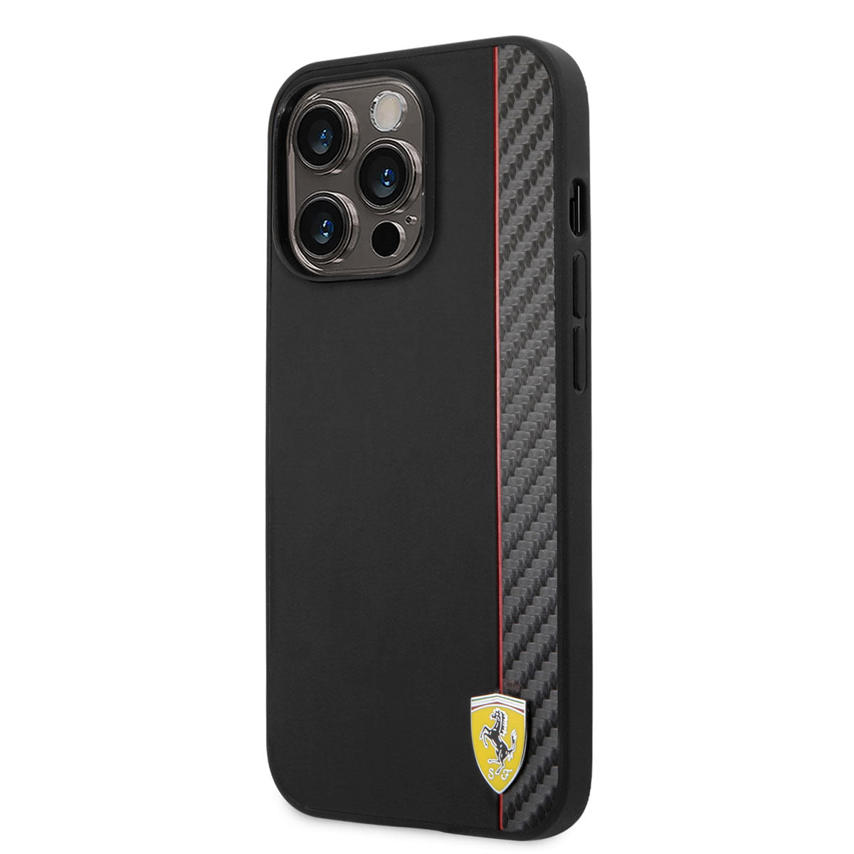 Apple iPhone 14 Pro Kılıf Ferrari M-safe Şarj Özellikli Pu Deri Ve Karbon Şeritli Dizayn Kapak Siyah