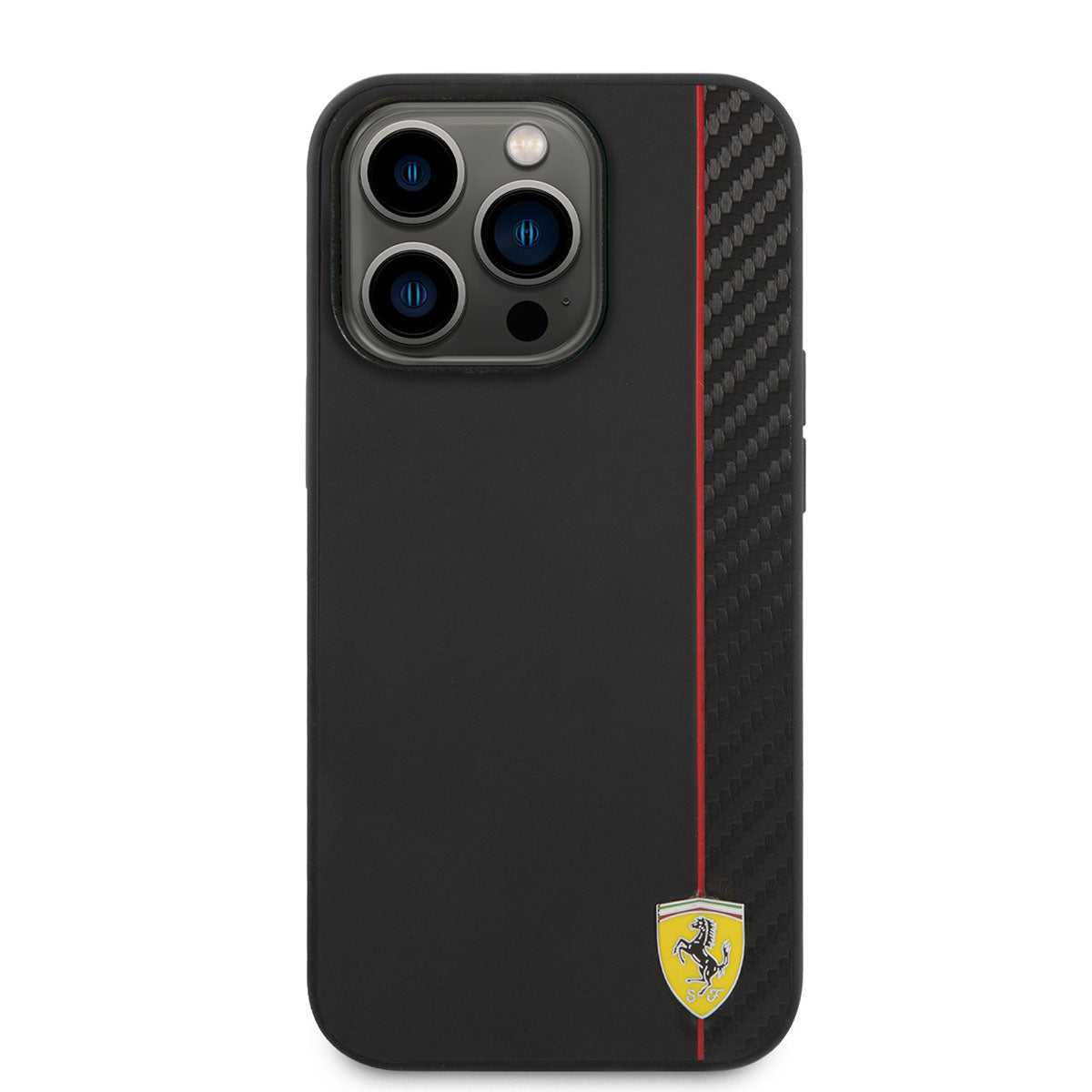 Apple iPhone 14 Pro Kılıf Ferrari M-safe Şarj Özellikli Pu Deri Ve Karbon Şeritli Dizayn Kapak Siyah