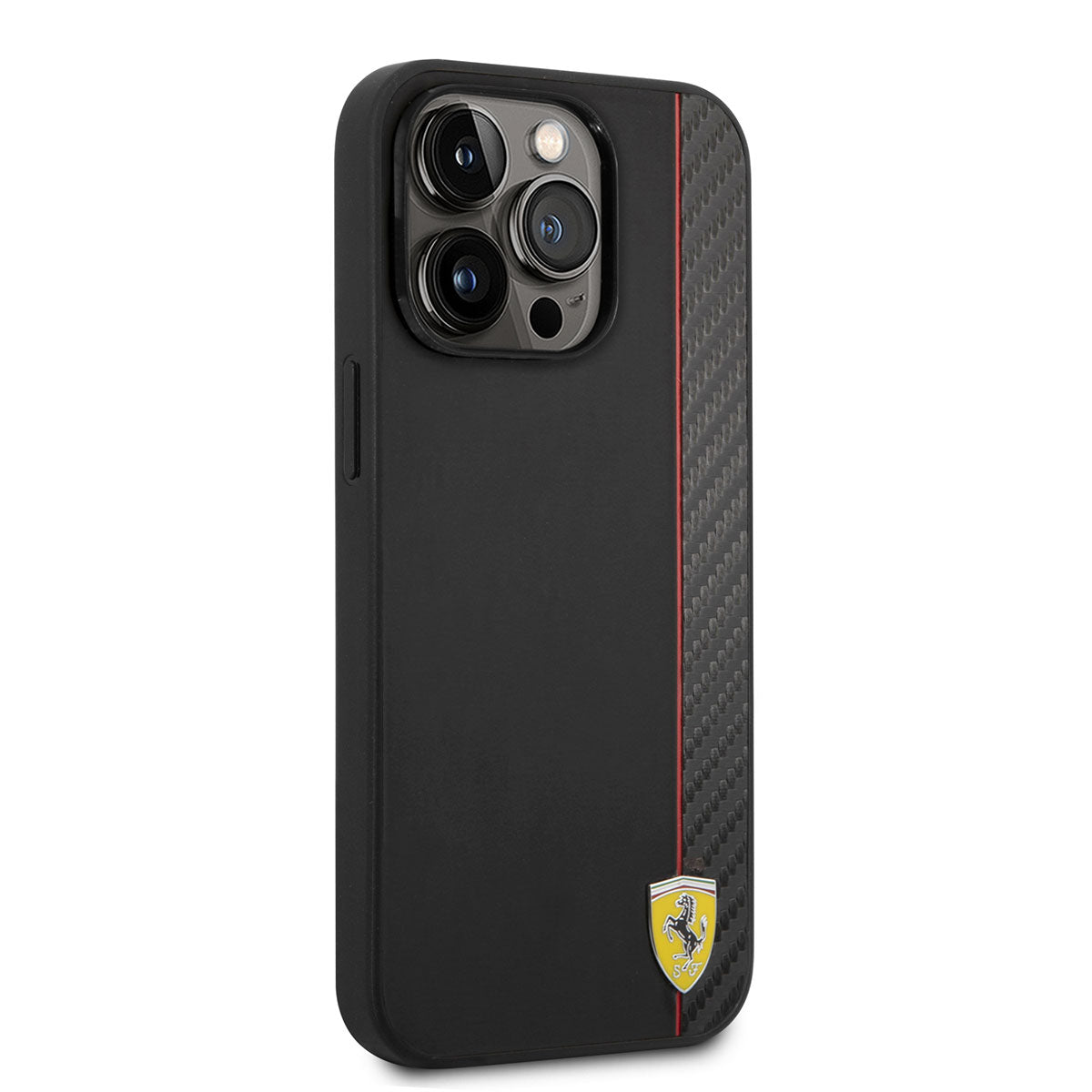 Apple iPhone 14 Pro Kılıf Ferrari M-safe Şarj Özellikli Pu Deri Ve Karbon Şeritli Dizayn Kapak Siyah