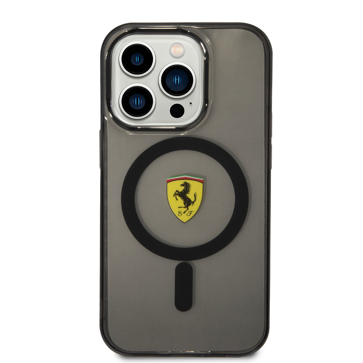 Apple iPhone 14 Pro Kılıf Ferrari M-safe Şarj Özellikli Yarı Transparan Dizayn Kapak Siyah