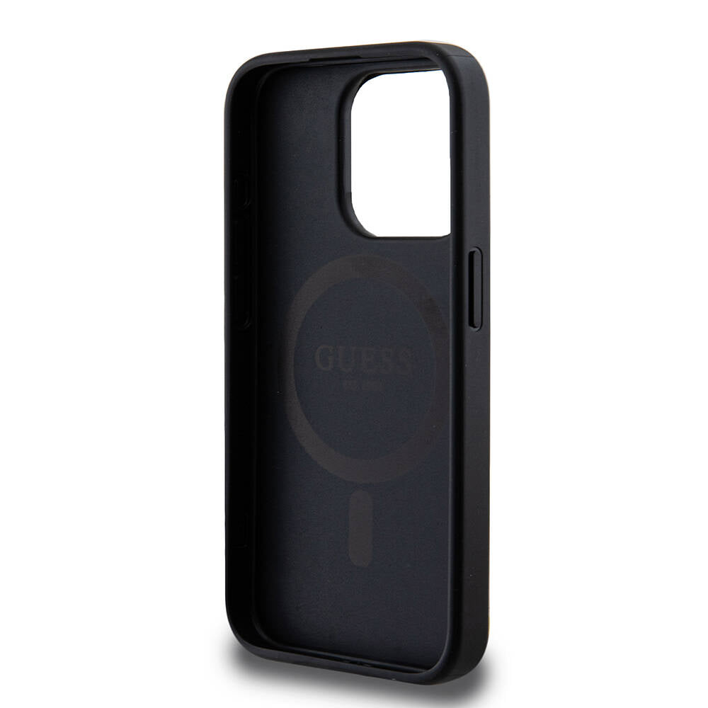 Apple iPhone 14 Pro Kılıf Guess M-safe Şarj Özellikli PU Deri Desenli Metal Plaka Logolu Kapak Siyah