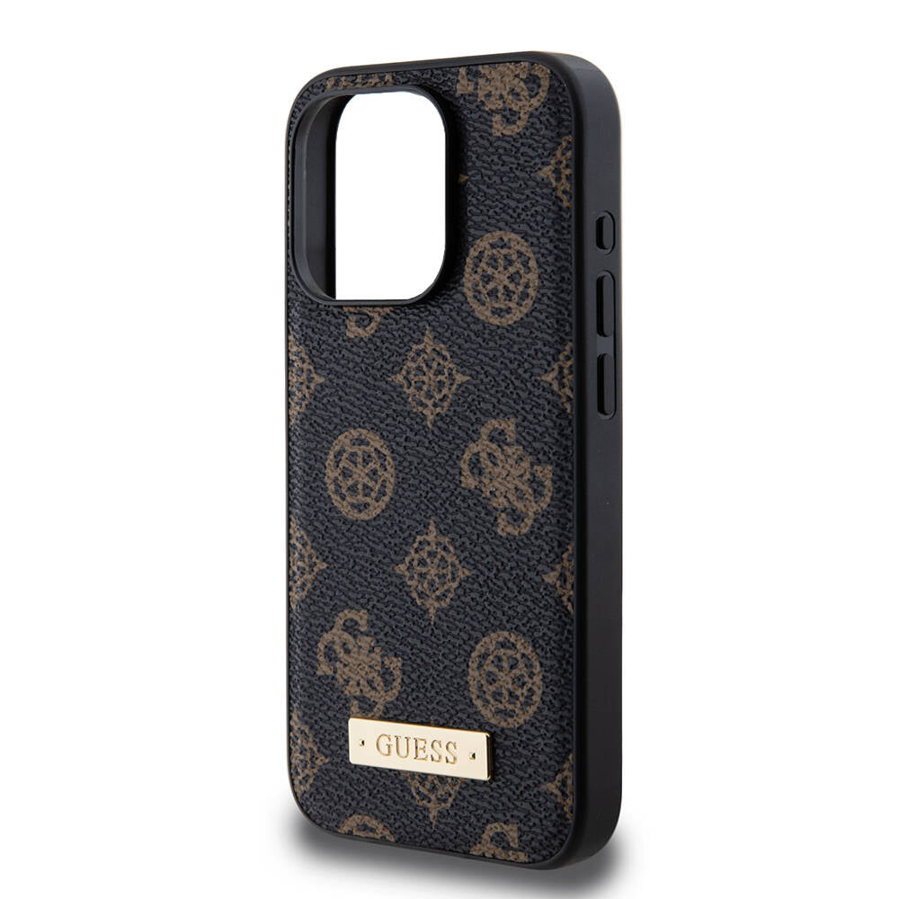 Apple iPhone 14 Pro Kılıf Guess M-safe Şarj Özellikli PU Deri Desenli Metal Plaka Logolu Kapak Siyah