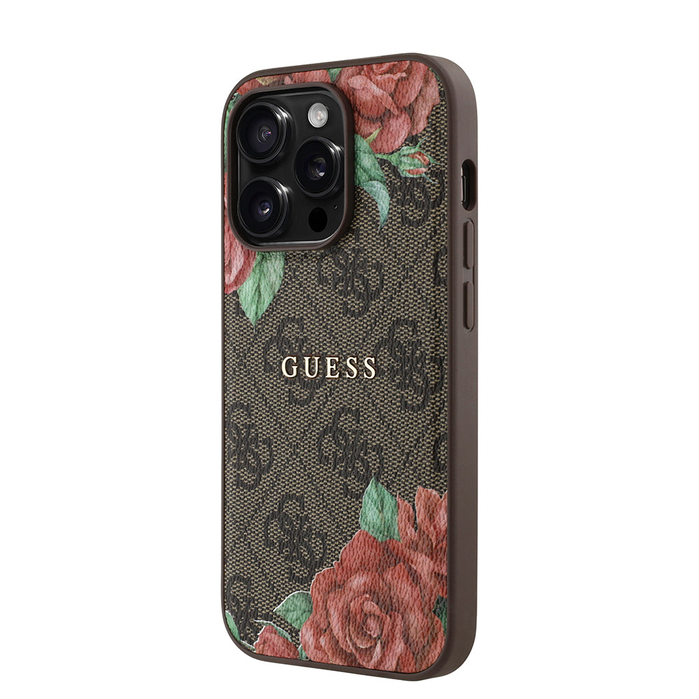Apple iPhone 14 Pro Kılıf Guess Orjinal Lisanslı M-safe Şarj Özellikli Gül Baskılı 4G Desenli Yazı Logolu Kapak Siyah