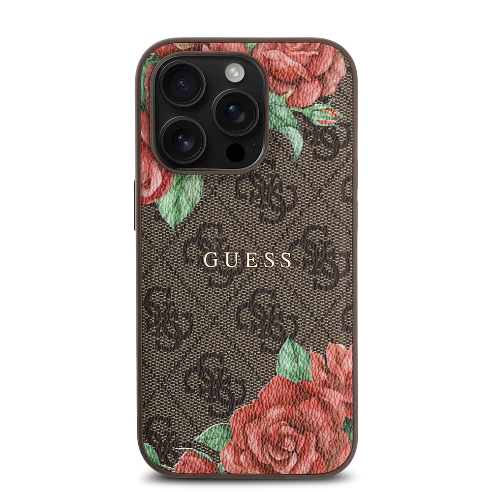 Apple iPhone 14 Pro Kılıf Guess Orjinal Lisanslı M-safe Şarj Özellikli Gül Baskılı 4G Desenli Yazı Logolu Kapak Siyah