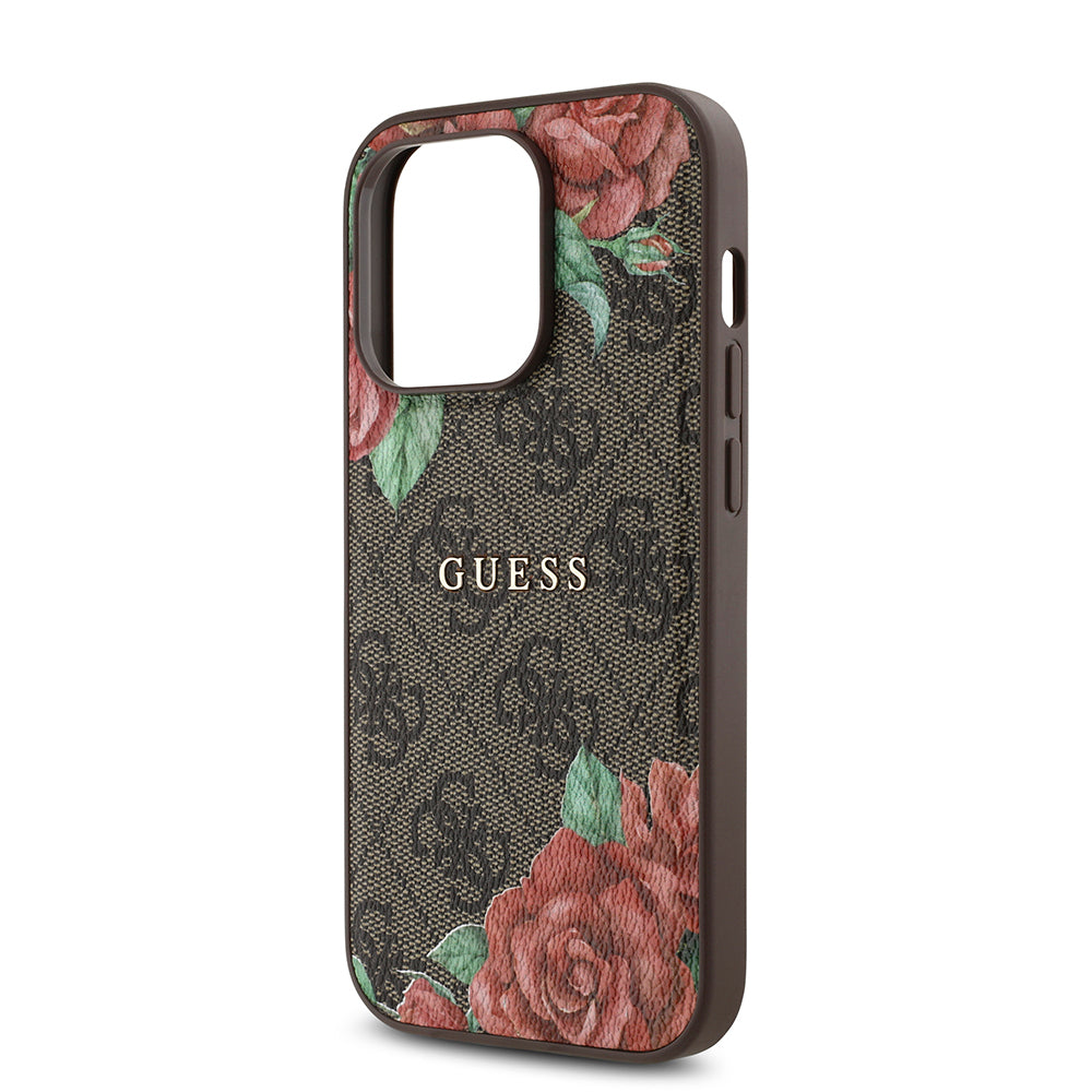 Apple iPhone 14 Pro Kılıf Guess Orjinal Lisanslı M-safe Şarj Özellikli Gül Baskılı 4G Desenli Yazı Logolu Kapak Siyah