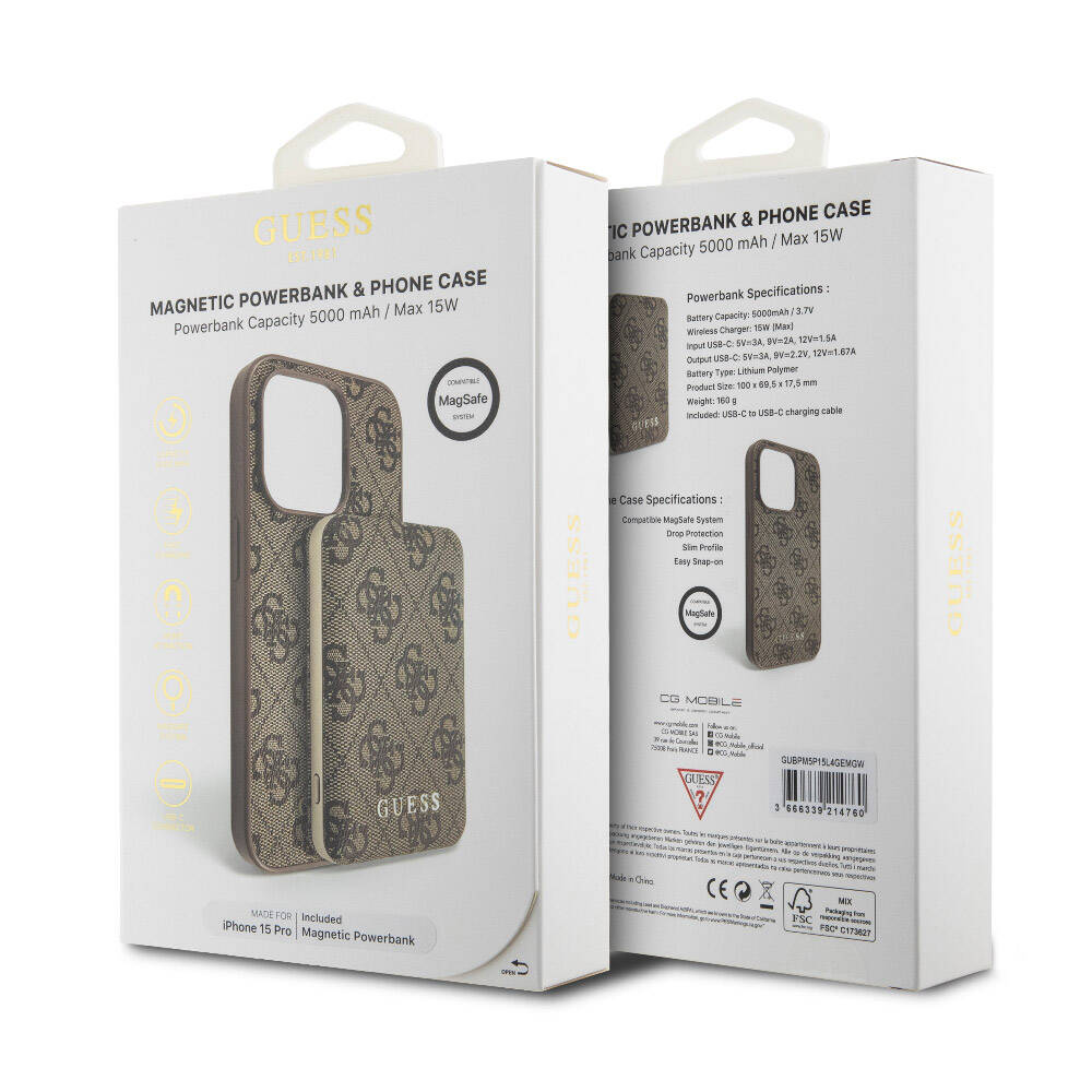 Apple iPhone 14 Pro Kılıf Guess Orjinal Lisanslı M-safe Şarj Özellikli Yazı Logolu 4G Desenli Kapak + Powerbank 5000mAh 2in1 Set Kahverengi