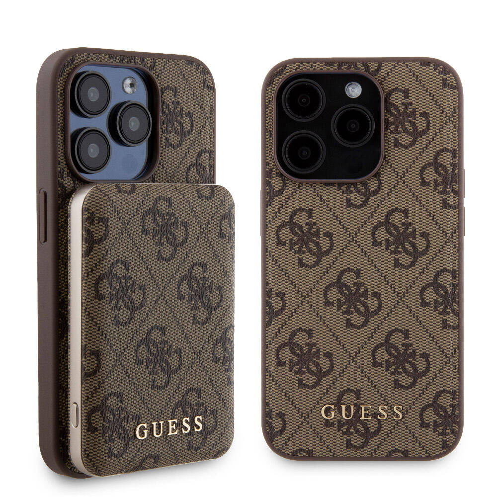 Apple iPhone 14 Pro Kılıf Guess Orjinal Lisanslı M-safe Şarj Özellikli Yazı Logolu 4G Desenli Kapak + Powerbank 5000mAh 2in1 Set Kahverengi