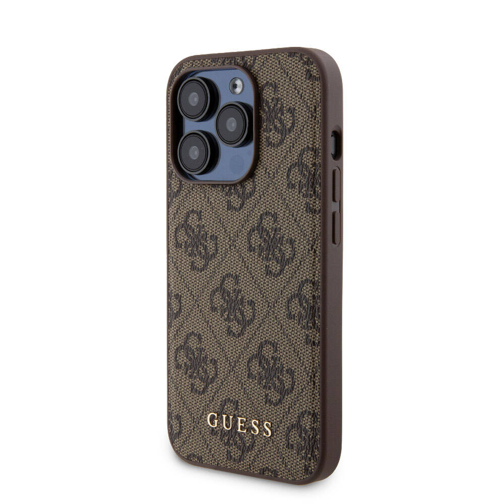 Apple iPhone 14 Pro Kılıf Guess Orjinal Lisanslı M-safe Şarj Özellikli Yazı Logolu 4G Desenli Kapak + Powerbank 5000mAh 2in1 Set Kahverengi