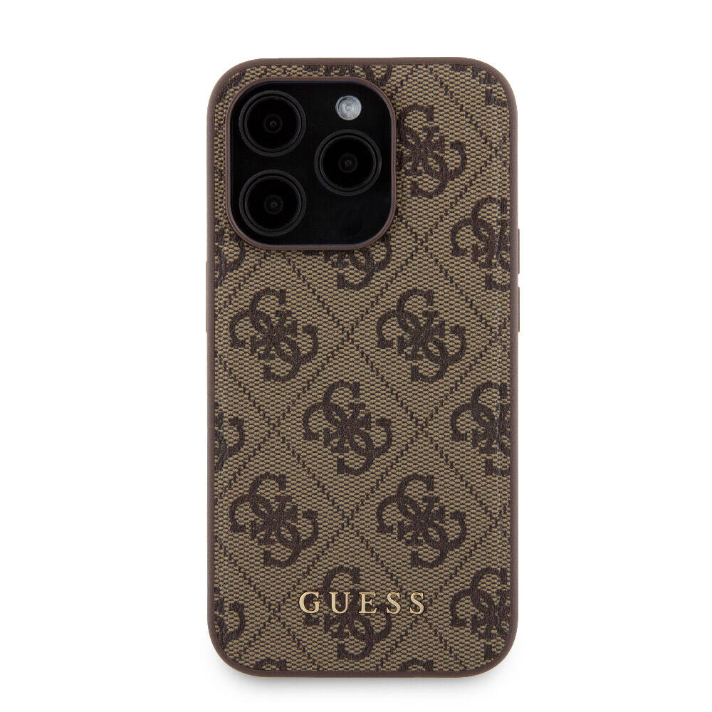 Apple iPhone 14 Pro Kılıf Guess Orjinal Lisanslı M-safe Şarj Özellikli Yazı Logolu 4G Desenli Kapak + Powerbank 5000mAh 2in1 Set Kahverengi
