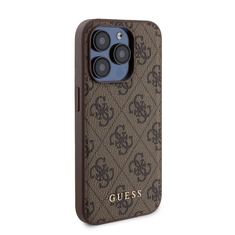 Apple iPhone 14 Pro Kılıf Guess Orjinal Lisanslı M-safe Şarj Özellikli Yazı Logolu 4G Desenli Kapak + Powerbank 5000mAh 2in1 Set Kahverengi