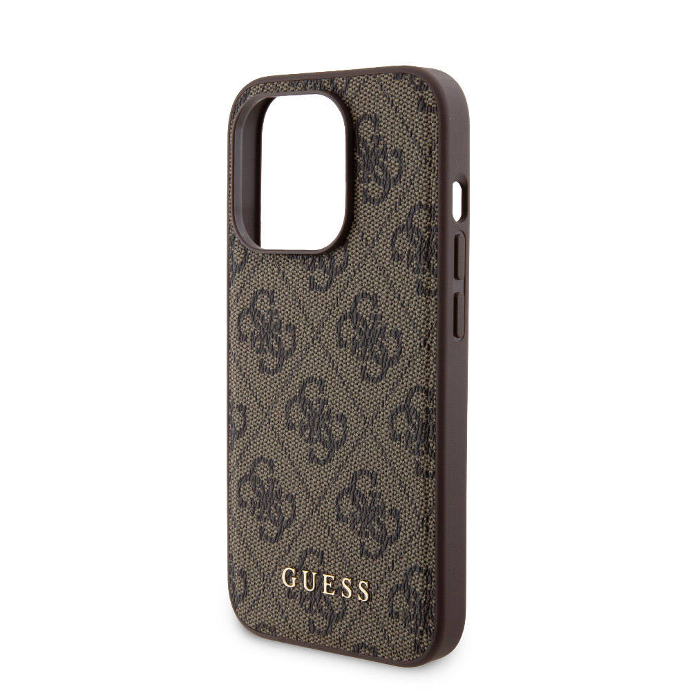 Apple iPhone 14 Pro Kılıf Guess Orjinal Lisanslı M-safe Şarj Özellikli Yazı Logolu 4G Desenli Kapak + Powerbank 5000mAh 2in1 Set Kahverengi