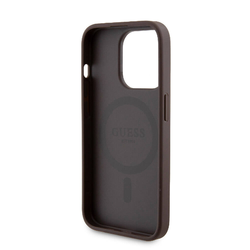 Apple iPhone 14 Pro Kılıf Guess Orjinal Lisanslı M-safe Şarj Özellikli Yazı Logolu 4G Desenli Kapak + Powerbank 5000mAh 2in1 Set Kahverengi